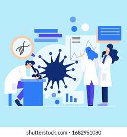 
Scientists are studying corona virus in isolated laboratory. Teamwork on  invention of a vaccine in a modern laboratory. Doctors save the world from a pandemic. Save doctor stay at home illustration