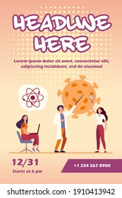 Scientists studying coronavirus. Team of experts doing medical research flat vector illustration. Virus, pandemic, science concept for banner, website design or landing web page