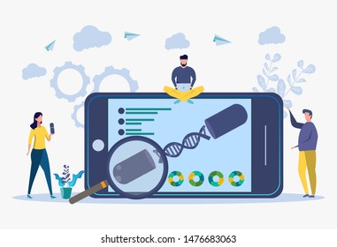 Scientists studying DNA and graphics with a magnifier on a laptop. Biotechnology, bioengineering concepts. Header Template