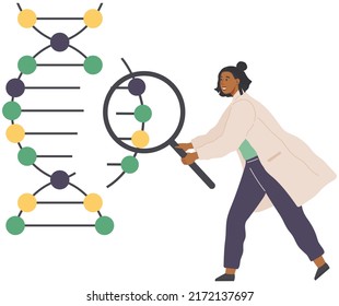 Científicos estudiando molécula de ADN. Ingeniería genética, manipulación de genes usando biotecnología, biología molecular. Los investigadores realizan experimentos con la estructura del adn. El médico analiza el material genético