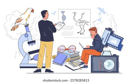 Scientists studying fossils, DNA, and biology with books, a microscope, and a camera. Creative illustration on a white background. Concept of research. Vector illustration.