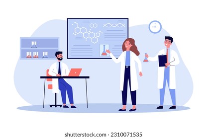 Scientists studying genetic sequencing vector illustration. Doctors discussing high-tech research methods in medicine, detection of rare diseases. Medicine, genetics concept