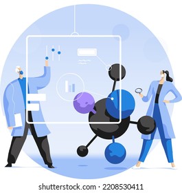 Scientists studying a huge molecule and analyzing scientific data in a lab. Genetic research vector illustration