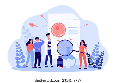 Scientists studying male fertility vector illustration. Frustrated couple looking at infographics of decrease in number of spermatozoa with magnifier. Health problems in men, medicine concept