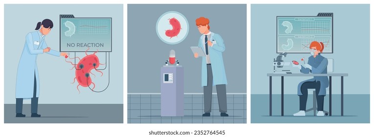 Scientists studying mechanisms of antibiotic resistance in laboratory flat set isolated vector illustration