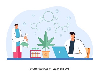 Wissenschaftler, die medizinische Marihuana-Vektorgrafik studieren. Ärzte, die Cannabis im Labor pflanzen und Kräutermedizin zur Behandlung von Krankheiten einsetzen. Alternative Medizin, Gesundheitswesen