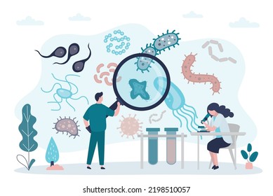 Scientists Studying Patterns Of Spreading Diseases. Epidemiologist With Magnifying Glass Examines Microbes And Viruses. Doctors Study Structure Of Bacteria. Epidemiology Concept. Vector Illustration