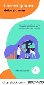 Científicos estudiando virus en laboratorio. Médicos que analizan bacterias microscópicas, muestras en tubos de vidrio, gráficos. Ilustración vectorial plana para epidemiología, pandemia, concepto de investigación médica