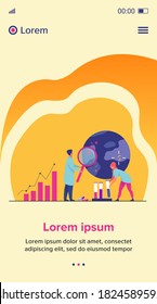 Científicos estudiando virus en laboratorio. Médicos que analizan bacterias microscópicas, muestras en tubos de vidrio, gráficos. Ilustración vectorial plana para epidemiología, pandemia, concepto de investigación médica