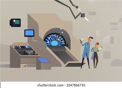 Scientists with a syringe near the scanner