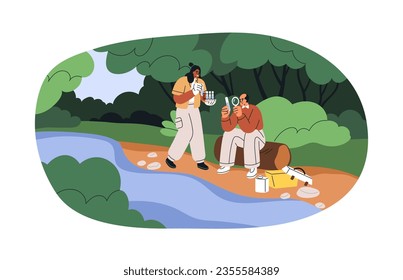 Scientists take water samples in nature. Biologists research, test, study quality, chemical content analysis, aqua impurities, pollution. Flat graphic vector illustration isolated on white background