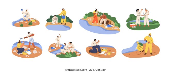 Scientists take water samples for science research, quality test. Biologist, ecologist during river, lake, sea, nature pollution analysis. Flat graphic vector illustration isolated on white background