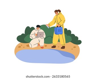 Cientistas coletando amostras, controlam a qualidade da água. Pessoas em EPI coletando e verificando água, teste de laboratório ao ar livre, estudo. Ecologia, pesquisa da natureza. Ilustração de vetor plano isolada no plano de fundo branco