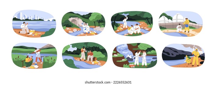 Scientists taking samples with flasks, studying water quality, composition in nature. Research, exploration of environment contamination. Flat graphic vector illustration isolated on white background