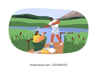 Scientists taking water samples from lake in nature. Ecologists with flasks, tubes, checking, testing, examining aqua quality in river. Flat graphic vector illustration isolated on white background