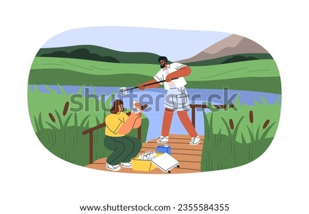 Scientists taking water samples from lake in nature. Ecologists with flasks, tubes, checking, testing, examining aqua quality in river. Flat graphic vector illustration isolated on white background