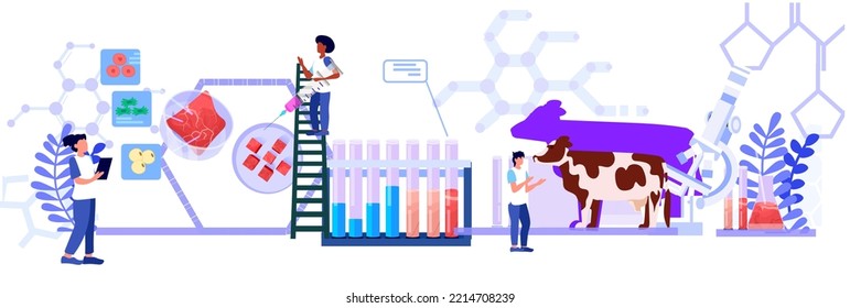 scientists team analyzing cultured red raw veal made from animal cells artificial lab grown meat production concept