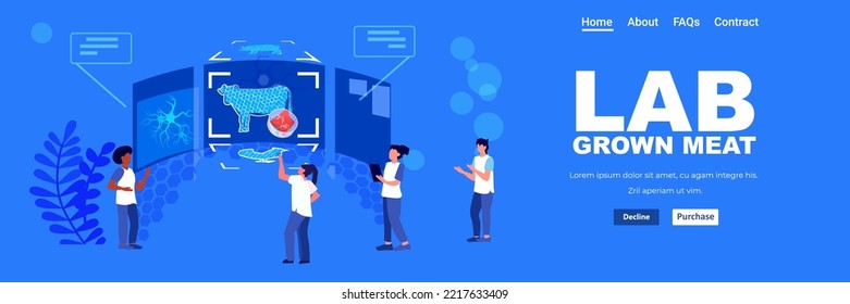 scientists team analyzing cultured red raw veal made from animal cells artificial lab grown meat production concept horizontal copy space vector illustration