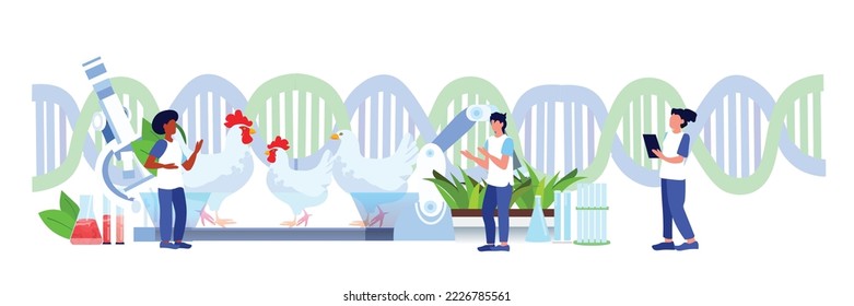 scientists team analyzing dna of cultured chicken meat artificial lab grown meat production concept