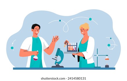 Scientists team in laboratory. Man and woman in medical coats with flasks with reagents. Chemists conduct research in lab. Education and training, learning. Cartoon flat vector illustration