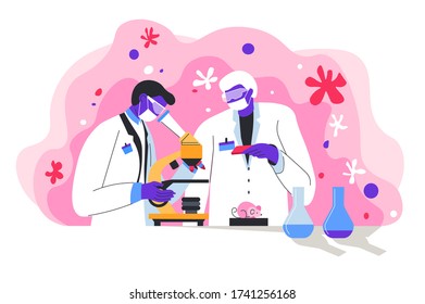 Scientists team working on vaccine and cure finding, people in laboratory using equipment for job. Doctors conducting experiments, analyzing virus or hazardous bacteria. Professionals, vector in flat - Shutterstock ID 1741256168