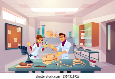 Equipo de científicos trabajando en paleontología, laboratorio de genética, jóvenes paleontólogos examinando huesos fosilizados, estudiantes universitarios estudiando dinosaurios esqueletos anatomía caricatura ilustración vectorial