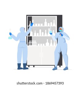 scientists team working together with test tubes in lab coronavirus vaccine development fight against covid-19 concept full length isolated vector illustration