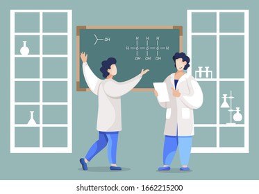 Scientists team writing molecule structure on blackboard finding properties of substances. Researchers in laboratory. Successful teamwork of mad chemist students. Teacher and intern. Vector in flat