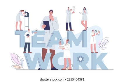 Scientists teamwork concept. Genetics, pharmacist, chemistry and biology professionals. Doctors and scientist, laboratory assistant vector scene