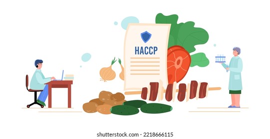 Scientists testing and analyzing food quality under HACCP standards, flat vector illustration isolated on white. Tiny characters working in laboratory. Concepts of food quality and safety.