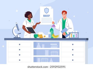 Scientists testing food quality. Man and woman in medical uniform with flask with reagents. Biochemistry and molecular biology. Scientific research in laboratory. Flat vector illustration