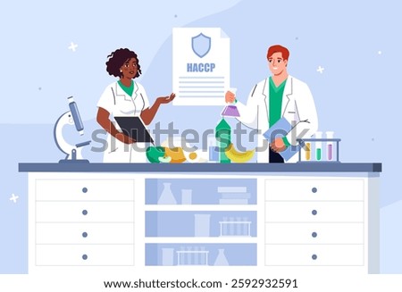 Scientists testing food quality. Man and woman in medical uniform with flask with reagents. Biochemistry and molecular biology. Scientific research in laboratory. Flat vector illustration