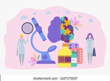 Scientists are testing or producing pharmaceuticals. Pharmacological business, pharmaceutical industry, pharmacological service concept. Colorful vector illustration.