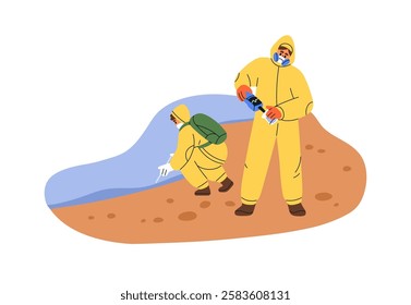 Scientists testing water samples, chemical pollution and toxic contamination. Environment safety control, hazards analysis, ecology research. Flat vector illustration isolated on white background