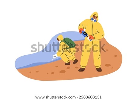 Scientists testing water samples, chemical pollution and toxic contamination. Environment safety control, hazards analysis, ecology research. Flat vector illustration isolated on white background