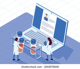scientists with tubes and laptop