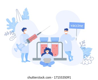 Scientists with a vaccine. Doctors with a syringe and test tubes are ready to vaccinate people. Vector illustration in flat style. Drug development, testing. Prevention of viruses, flu, coronavitus.