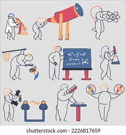 Scientists of various professions with their instruments and instruments. Geneticist physicist chemist mathematician zoologist work. Linear vector illustration