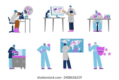 Scientists virologist, set of vector illustrations isolated on white background. Diverse men and women, people working in a laboratory, developing a vaccine or medicine drugs. Flat cartoon style.