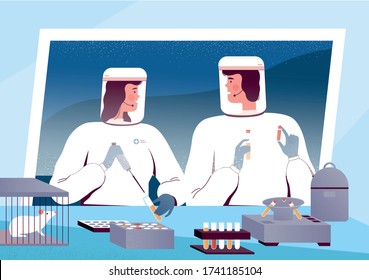 Scientists virologists create a vaccine against the coronavirus COVID-19 in the laboratory. People in protective suits and masks make a cure for the disease.