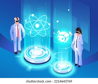 Scientists in vr headset glasses, researching molecular atom, proton, electron in met averse. Isometric virtual reality 3d hologram of scientific technology in robotics laboratory. Vector illustration