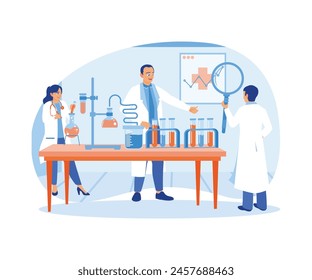 Scientists wear lab coats. Conduct experiments in the laboratory. Laboratory concept. Flat vector illustration.