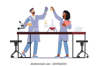 Scientists Wearing Lab Coats Conducting Experiments and Scientific Research in Laboratory. Chemistry Science Staff, Technicians Hold Test Tubes Work with Equipment. Cartoon People Vector Illustration svg