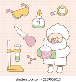 Scientists wearing white coat in lab, chemical researchers with laboratory equipment. Drug development in cartoon character, scientist in laboratory concept, vector Illustration