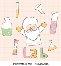 Scientists wearing white coat in lab, chemical researchers with laboratory equipment. Drug development in cartoon character, scientist in laboratory concept, vector Illustration