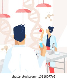 Scientists wearing white coats conducting experiments and scientific research in science or medical laboratory. DNA analysis, genetics, genome modification and genomics. Flat vector illustration.