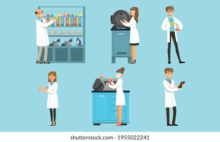 Scientists Wearing White Coats Doing Experiments in Science Laboratory Set, Men and Women Chemists Researching in Chemical Lab Cartoon Vector Illustration