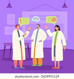 Scientists in white coats discussing new scientific discoveries in laboratory. Vector illustration. Speech bubbles with questions, exclamation marks and forbidden circle. Scientific dispute concept