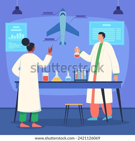 Scientists in white coats working in laboratory vector illustration. Specialists with test tubes developing new biofuel for aircrafts. Research and development concept