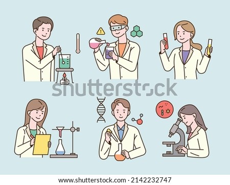 Scientists in white gowns are doing research with laboratory equipment. flat design style vector illustration.